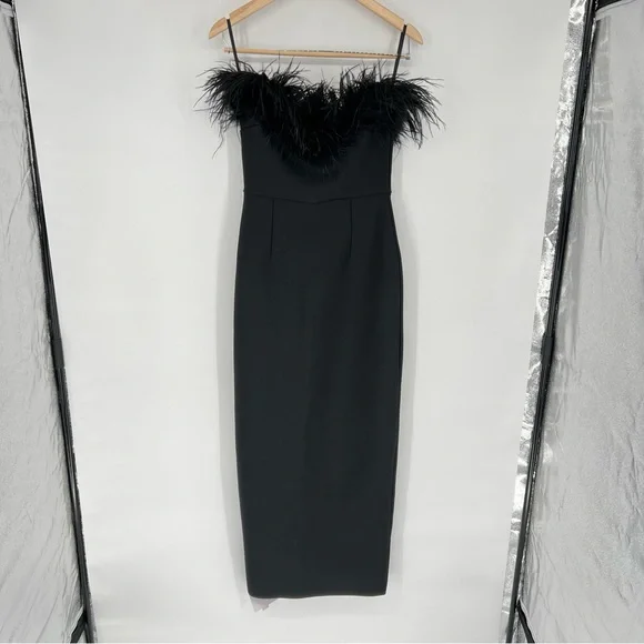 NWT Catchall Naomi Black Strapless Feather Trimmed Bandage Maxi Bodycon Dress - Picture 4 of 16